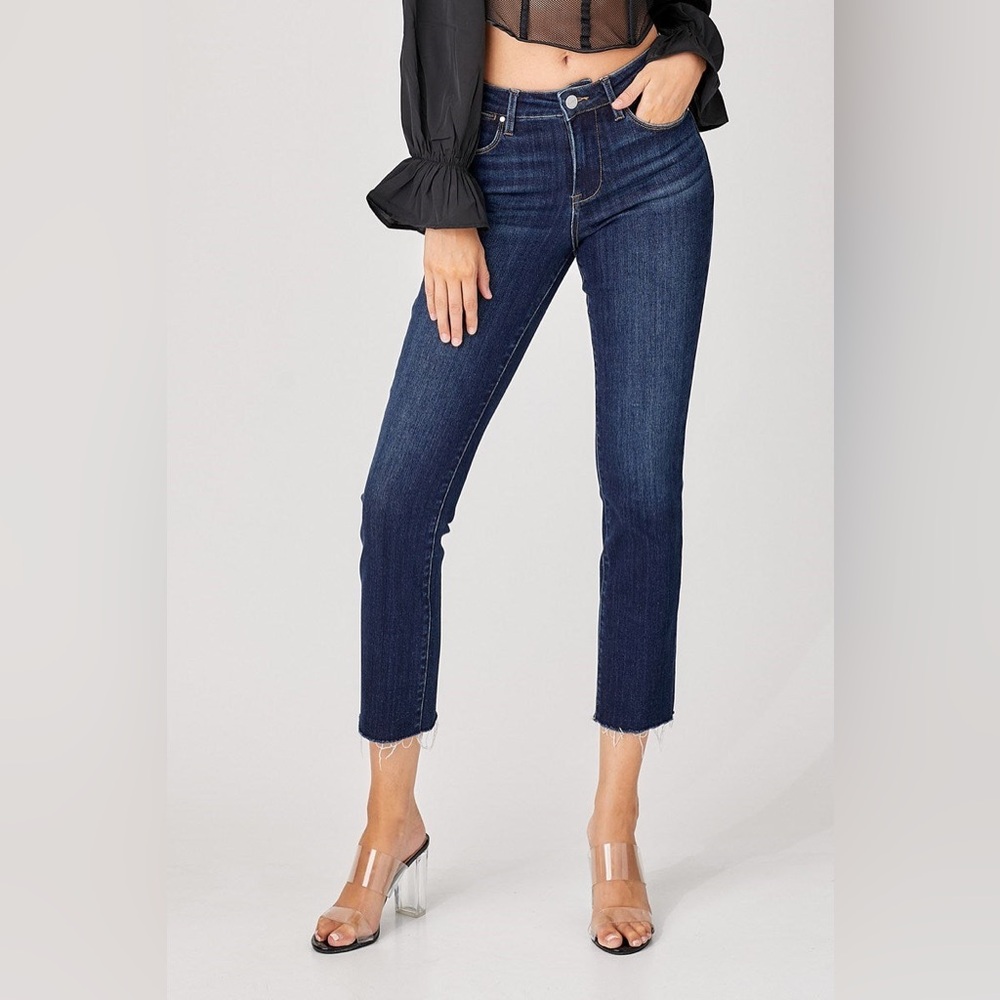 Risen High Rise Straight Jeans Dark Wash Raw Hem Stretch Denim NWT